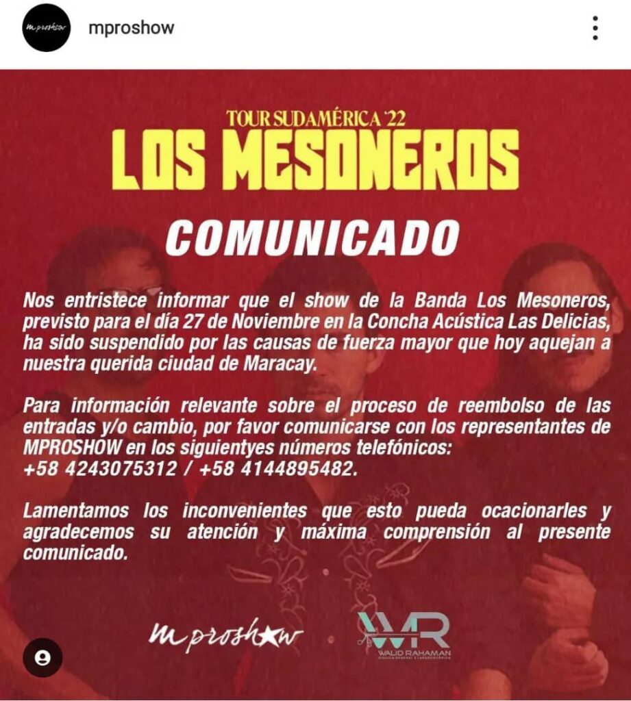 Cancelado el concierto de Los Mesoneros en Maracay