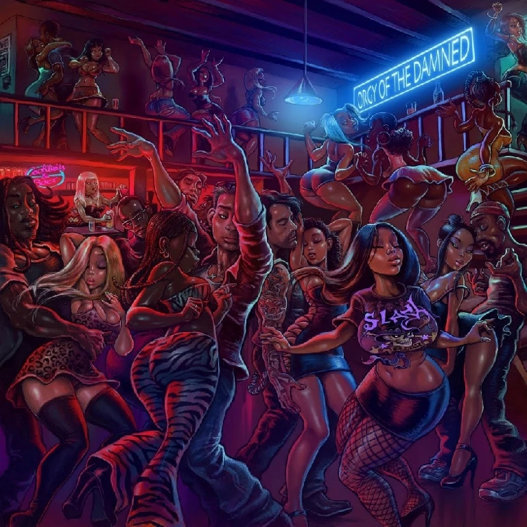 Dibujo de gente bailando en una discoteca y el cartel de neón azul que dice ‘Orgy Of The Damned’ Slash estrena su disco “Orgy of the Damned”