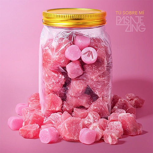Frasco con carne y caramelos rosas sobre fondo fucsia, portada del single Tú sobre mí de Pasajé Zing PASAJÉ ZING Tú sobre mí