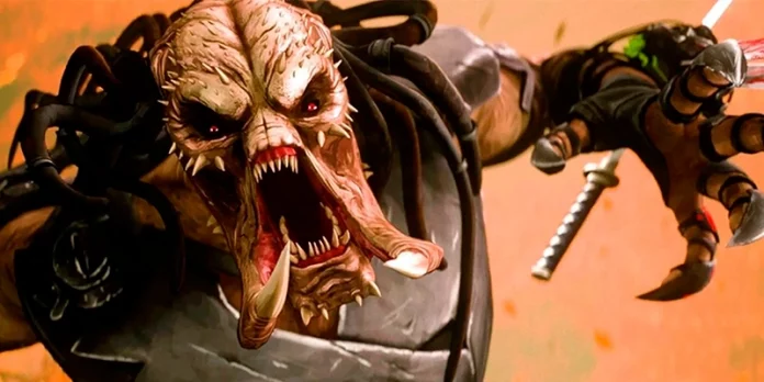 Primer plano de un depredador rugiendo con ferocidad mientras empuña armas, una escena intensa de acción animada