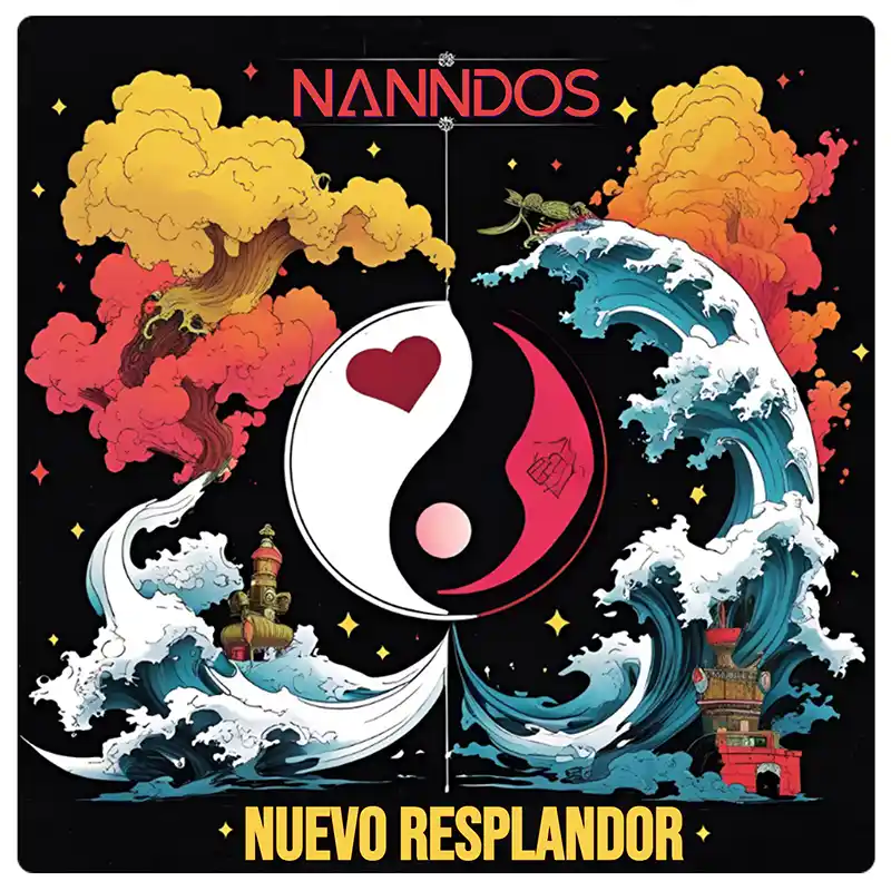 Ilustración de NANNDOS con símbolo yin y yang, olas y elementos fantásticos para Nuevo Resplandor NANNDOS Nuevo Resplandor