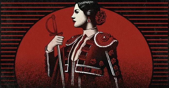 Ilustración en tonos rojos de una mujer vestida de torera sosteniendo una espada sobre fondo gráfico circular