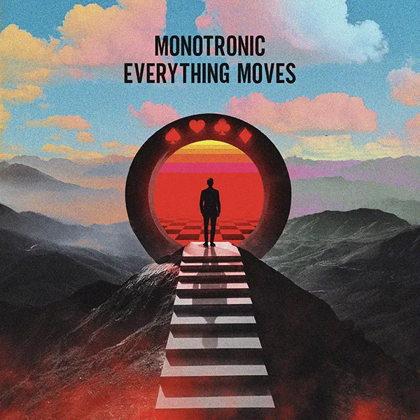 Portada del sencillo Everything Moves de Monotronic con una figura humana caminando hacia un portal circular sobre un paisaje surreal y colorido Monotronic Everything Moves