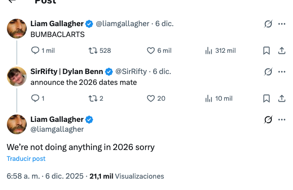 Liam Gallagher comentario Liam Gallagher no habrá gira de Oasis 2026
