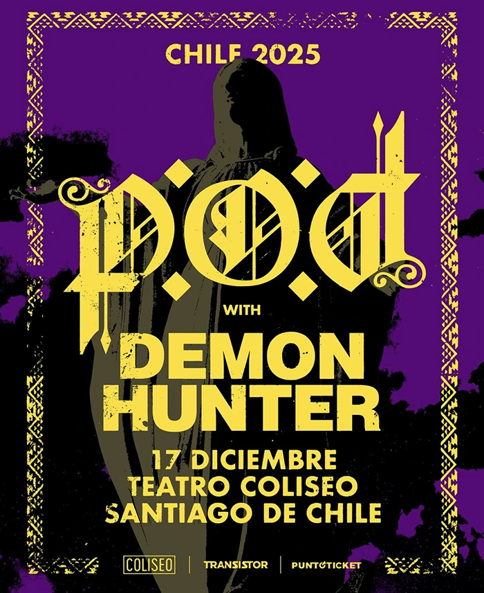 Afiche del concierto de P.O.D. con Demon Hunter el 17 de diciembre de 2025 en el Teatro Coliseo de Santiago de Chile, con diseño en tonos morados y amarillos P.O.D. vuelve a Chile