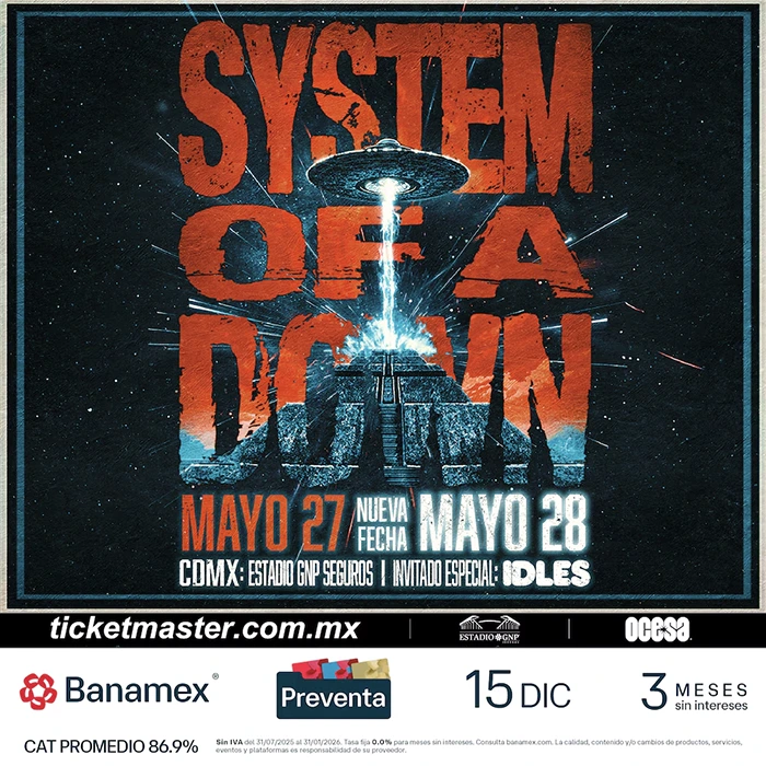 Afiche de System of a Down en CDMX, mayo de 2026, Estadio GNP Seguros System of a Down CDMX 2026 segunda fecha