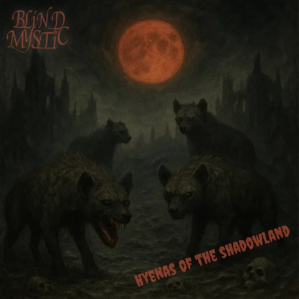 Portada del álbum con cuatro hienas de mirada roja en un paisaje oscuro y ruinoso bajo una luna llena roja, con el título “Hyenas of the Shadowland” y el logo de Blind Mystic Blind Mystic Hyenas of the Shadowland