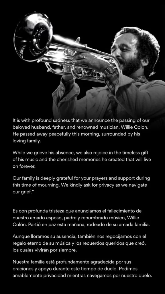 Aviso oficial muerte Willie Colón Fallece Willie Colón